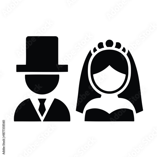 Wedding couple black silhouette icon vector, groom and bride symbol isolated