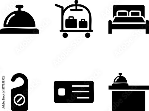 Hotel and hospitality icon set including luggage cart bed and service bell Pure black silhouettes isolated on white background