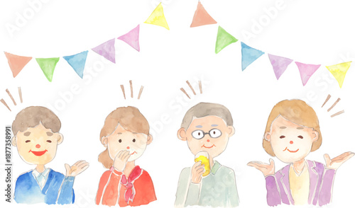 イベントで会話を楽しむシニアのイラスト　ベクター