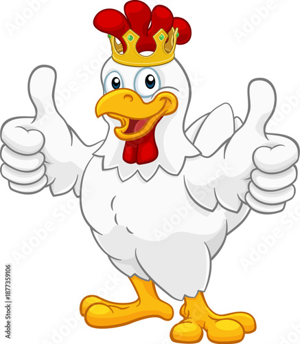 A chicken rooster cockerel bird cartoon character in a kings gold crown giving a double thumbs up
