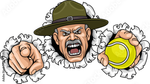 An angry drill instructor or sergeant bootcamp army soldier cartoon character holding tennis ball and pointing sports team mascot illustration.