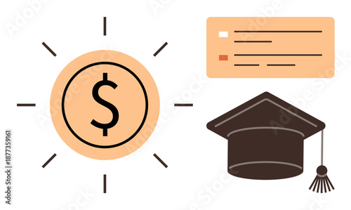 Education financing, student loans, scholarship opportunities, college budgeting, academic goals, tuition fees. Dollar symbol, graduation cap checklist. Education financing and student loans