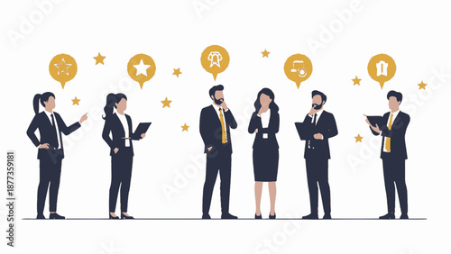 Diverse Business Team Discussing Ideas with Icons Above Heads