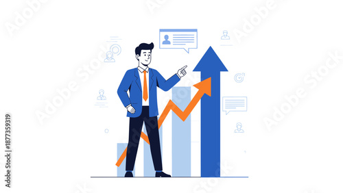 Businessman pointing at upward arrow graph representing business growth and success