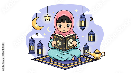 Cute Muslim Girl Reading the Quran on a Prayer Mat Under Ramadan Lanterns and Crescent Moon. Islamic Study and Devotion Vector Illustration.
