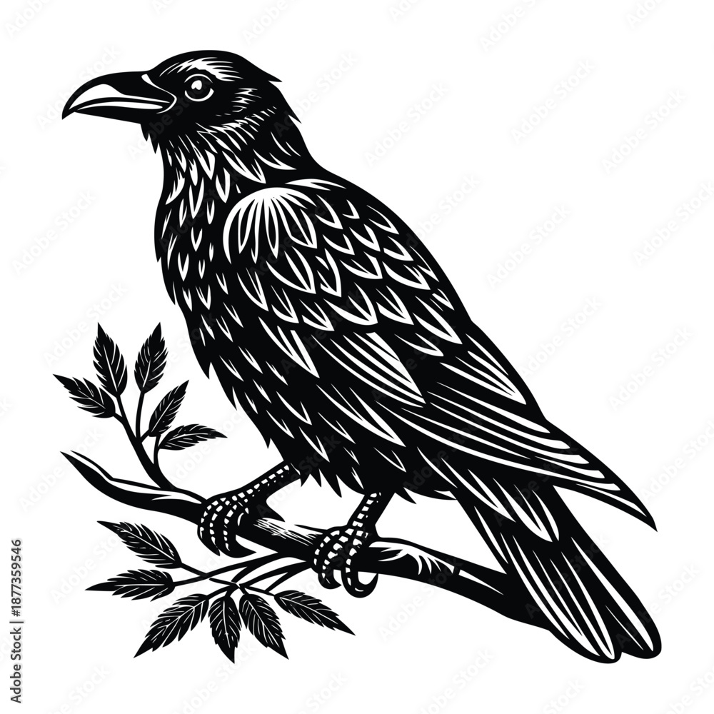 Fototapeta premium Raven Bird Illustration Black and White Detailed Wildlife Art