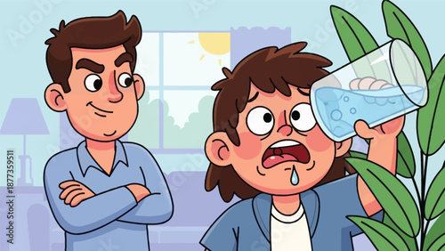 Desperate Thirst: Cartoon of Man Drinking Last Water Drop as Smug Friend Watches with Malicious Satisfaction