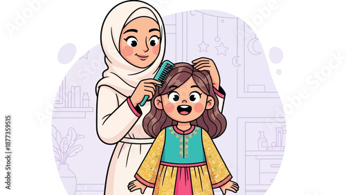 Happy Muslim Mother Combing Daughter's Hair. Hijab Mom and Child Grooming Together. Sweet Family Love and Care Cartoon Illustration.