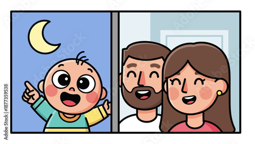 Cute Cartoon Family Looking at Moon. Baby Pointing at Crescent Sky Outside Window. Happy Parents and Child Vector Illustration.