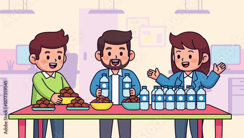 Happy Team Distributing Dates and Bottled Water for Iftar, Charity, or Community Donation Event. Flat Vector Illustration.