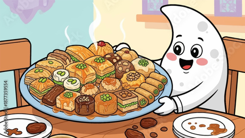 Happy Cartoon Moon Character Serving Platter of Steaming Baklava and Traditional Middle Eastern Sweets for Ramadan or Eid Feast