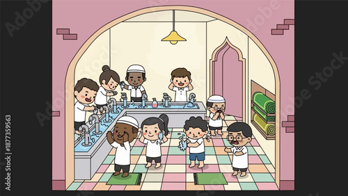 Diverse Muslim Kids Performing Wudu (Ablution) Ritual Before Prayer in Mosque Washroom - Islamic Education Cartoon Illustration