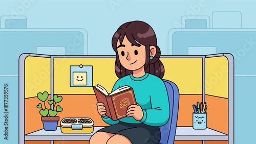 Woman Reading Religious Text (Quran/Kitab) in Office Cubicle. Muslim Professional Study Break Illustration.