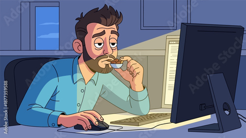 Exhausted Man Working Overtime Late at Night, Eating Snacks at Computer Desk. Cartoon illustration of job burnout and deadline stress.