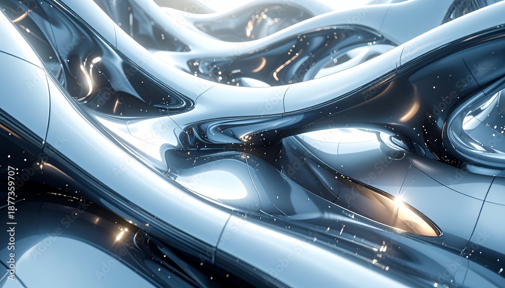 Fototapeta premium Glossy, flowing silver forms with bright, scattered light