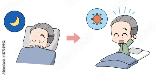よく寝て寝起きが良い高齢男性のイラスト