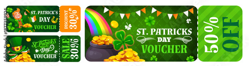 St Patrick's day sale coupons, holiday discount flyer. Spring sale vector banner or discount coupon. Saint Patrick day holiday sale offer card with leprechaun, pot of gold and rainbow, shamrock clover