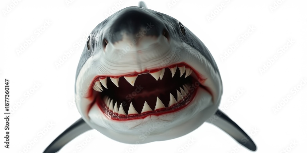 Naklejka premium A close-up of a toy shark with a menacing expression and sharp teeth against a white background
