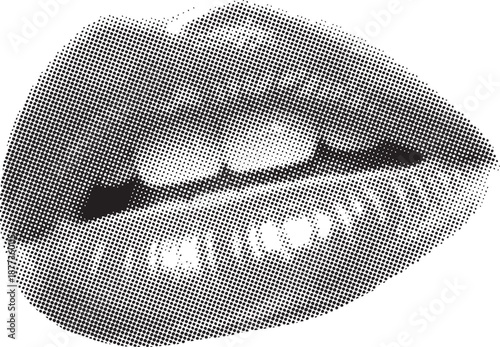A black and white image of a smiling mouth with lips and teeth