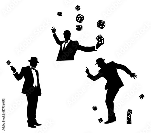 Businessman silhouettes gambling with dice and money risk concept