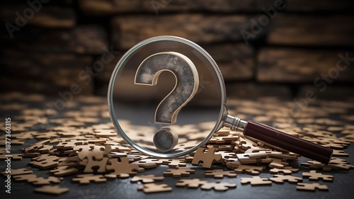 A magnifying glass with a question mark on puzzle pieces high quality professional detailed modern elegant stylish clean crisp vibrant colorful