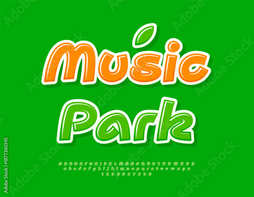Vector Event flyer Music Park. Creative Glossy Font. Handwritten Green Alphabet Letters and Numbers set.