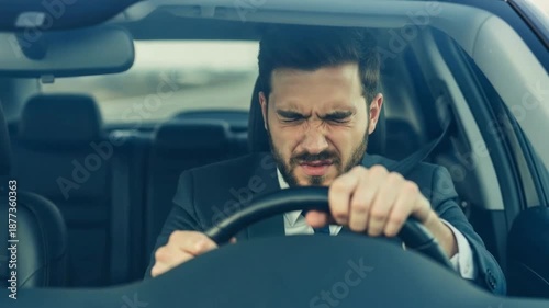 Exhausted man gripping steering wheel while driving