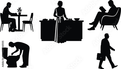 People daily life silhouettes set featuring eating cooking reading cleaning and walking activities, black vector illustration for lifestyle routine behavior and everyday living concepts