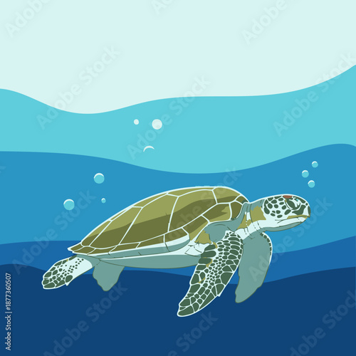 sunlit sea turtle swimming in blue ocean