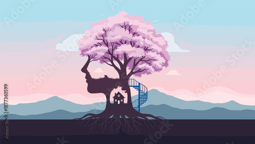 Surreal tree forming human face silhouette with staircase and house, dreamy fantasy vector illustration symbolizing imagination, growth, memory and inner world concepts