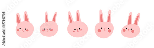 Cute Pink Bunny Faces Set, Cartoon Easter Rabbit Expressions Vector