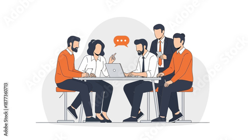 Business meeting with laptop and speech bubbles, diverse team collaborating