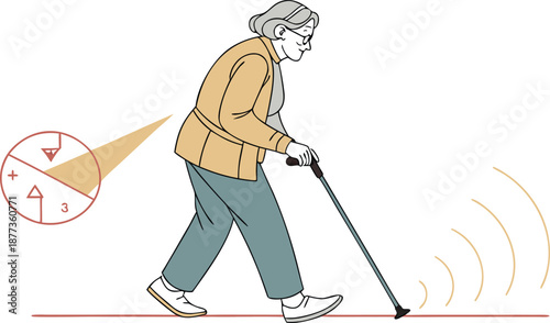 Elderly Woman with Cane: An illustration capturing an elderly woman walking with a cane, symbolizing mobility, independence, and the challenges of aging. 