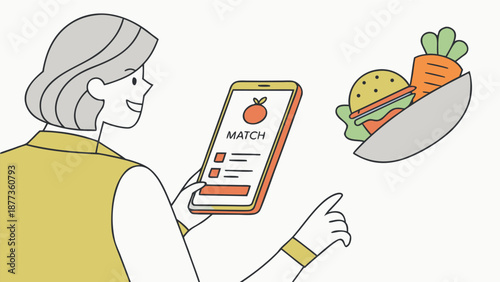 Food Match: A person joyfully uses a food-matching app on their smartphone, anticipating a delightful meal with a burger and carrots on a plate.