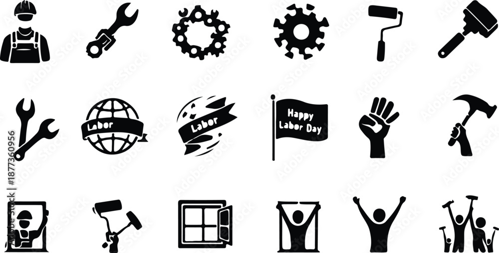 Fototapeta premium An assortment of labor day related work tools, equipment, flags, and workers silhouettes in black and white