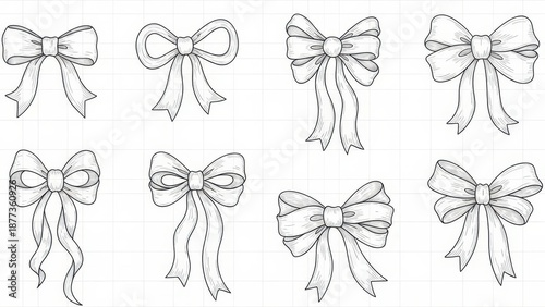 Diverse set of hand-drawn decorative ribbon bows for crafting and festive illustrations