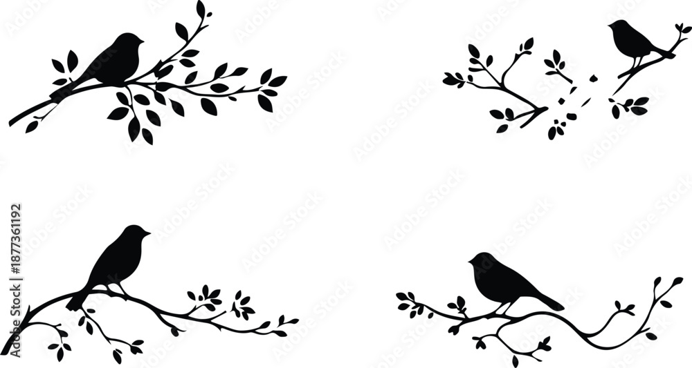 Obraz premium A collection of birds perched on tree branches against a clean background, creating a minimalist yet charming scene. The birds are in silhouette, adding to the aesthetic