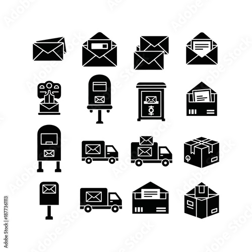A comprehensive set of sixteen black silhouette icons representing various postal services, including envelopes, mailboxes, and delivery vehicles.