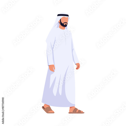 Middle Eastern man in traditional white thobe and keffiyeh walking
