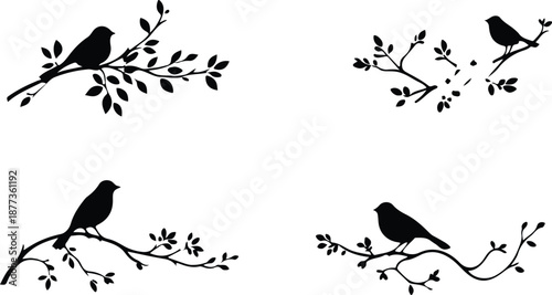 A collection of birds perched on tree branches against a clean background, creating a minimalist yet charming scene. The birds are in silhouette, adding to the aesthetic