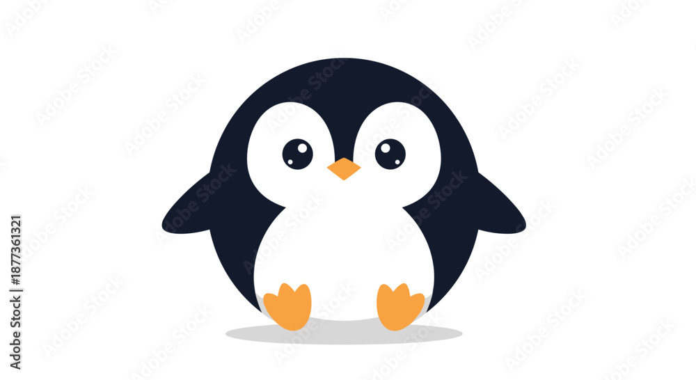 Naklejka premium Adorable round baby penguin character with a small orange beak and feet sits comfortably on a soft shadow against a white background.