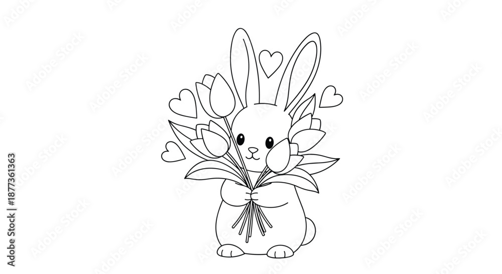 Fototapeta premium Adorable bunny rabbit character holding a large bunch of spring tulips with floating hearts around its ears in a sweet coloring page outline.