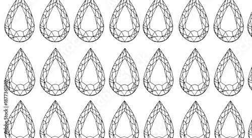 Symmetrical pattern of various pear shaped gemstones and diamonds with intricate facets is shown in a clean black and white line art style.