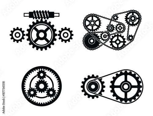 A collection of gear systems, including worm, chain, and internal gear designs for mechanical projects.