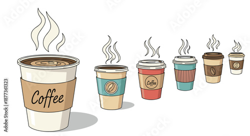 Row of various takeaway coffee and tea paper cups in different sizes and designs with steam rising from them for a cafe advertisement.