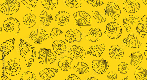 Detailed seamless pattern of various types of seashells and snail shells in black line art over a solid vibrant yellow background texture.