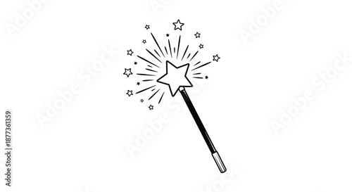 Magical wooden wand with a bright glowing star on the tip and many smaller stars and sparkles shown in a clean black and white line art.