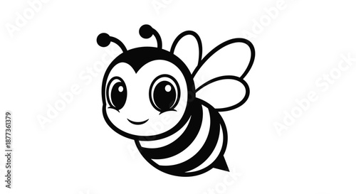 Simple black and white line art illustration of a cute smiling bumblebee flying with small wings and large friendly eyes.
