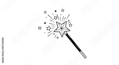 Magic wand sketch with stars and sparkles radiating from the tip, hand-drawn in a simple black and white line art style.