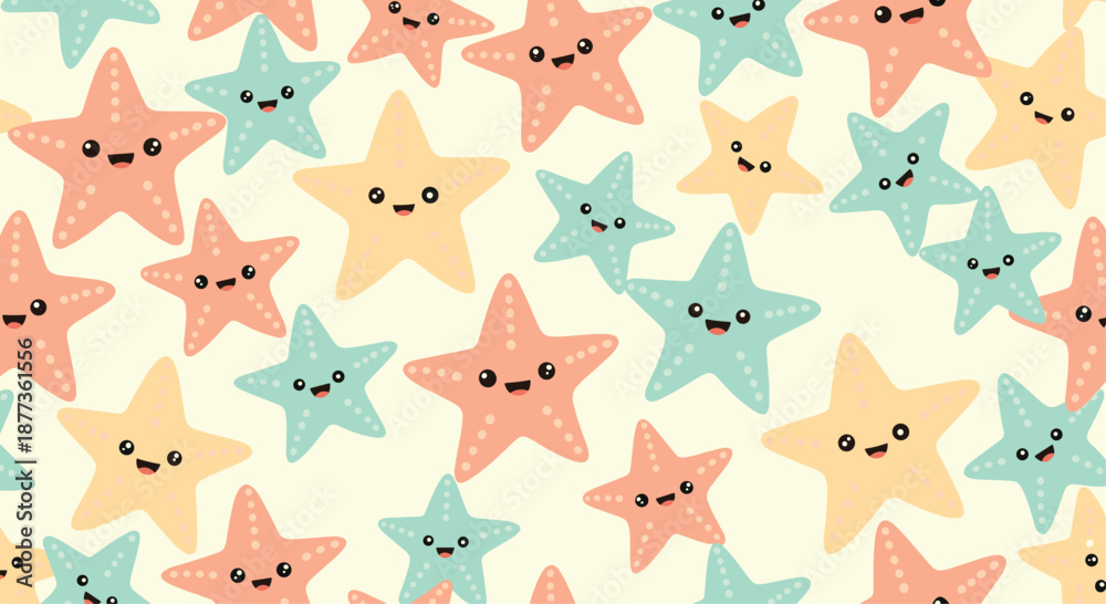 Obraz premium Playful seamless pattern of colorful smiling starfish in shades of pink, yellow, and blue on a light cream background for summer.